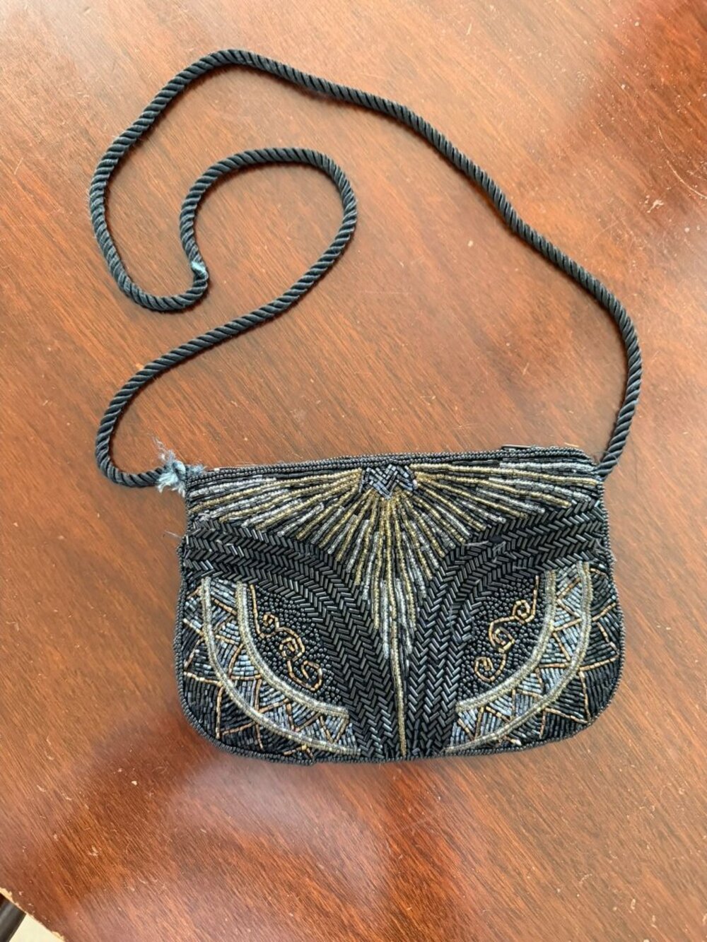 Vintage Black Beaded Crossbody Purse With Rope Strap & Art Deco Design